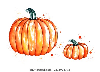 Watercolor painting orange pumpkins vector isolated on white background, autumn design elements