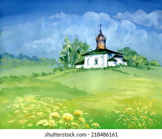 Watercolor Painting. Orthodox Church. Vector illustration