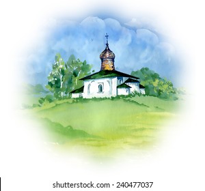 Watercolor Painting. Orthodox Church. Vector illustration
