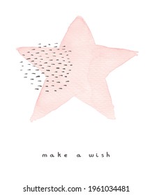 Watercolor Painting with Pastel Pink Star. Cute Nursery Vector Art with Hand Drawn Star and Black Spots Isolated on a White Background. Lovely Print ideal for Card, Wall Art, Kids Room Decoration.