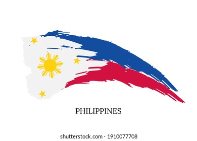 Watercolor Painting Philippines National Flag. Grunge Brush Stroke Philippine Independence Day Yellow Sun And Star Symbol - Vector Abstract Illustration