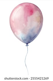 A watercolor painting of a pink balloon with a blue and purple swirl. The balloon is floating in the air and the colors are vibrant and playful