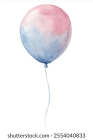 A watercolor painting of a pink, blue, and purple balloon. The balloon is floating in the air and the colors are vibrant