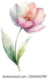 A watercolor painting of a pink flower with green leaves. The flower is the main focus of the painting, and the green leaves are in the background. The painting has a serene and calming mood