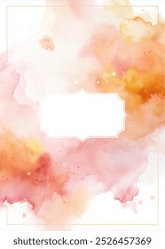 A watercolor painting of a pink and orange background with a white frame. The frame is decorated with a gold border