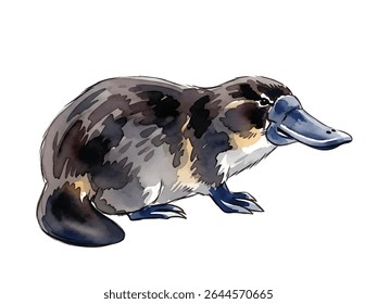 Watercolor Painting of Platypus Isolated on White Background – Artistic Illustration of Australian Wildlife