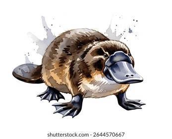 Watercolor Painting of Platypus Isolated on White Background – Artistic Illustration of Australian Wildlife