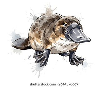 Watercolor Painting of Platypus Isolated on White Background – Artistic Illustration of Australian Wildlife