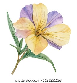 Watercolor painting of primrose, single flower isolated on white background.