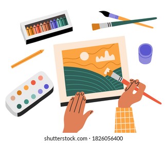 Watercolor Painting Process, Children Draw, Template Banner Educational Courses For Children, Top View. Hand Drawn Illustration In Modern Cartoon Flat Style, Isolated On White Background. 