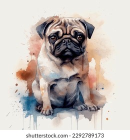 watercolor painting pug T-shirt print vector 