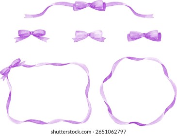 Watercolor painting of purple ribbon frame set
