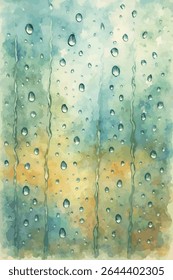 Watercolor painting of raindrops on glass with a soft gradient background in blue, green, and warm tones. Calm and abstract texture for design, backgrounds, or seasonal concepts.