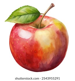 Una pintura de acuarela de una manzana roja con una hoja verde en la parte superior. La manzana es el foco principal de la pintura, y la hoja añade un toque de frescura y belleza natural a la pieza