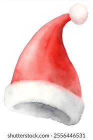 A watercolor painting of a red Santa hat with a white band. The hat is a vibrant and festive color, perfect for the holiday season. The white band adds a touch of elegance and contrast to the red hat