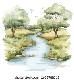 A watercolor painting of a river winding through a grassy landscape with trees and birds flying overhead, rendered in soft, muted greens and blues.