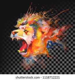 Watercolor painting. Roaring lion. Transparent on dark background