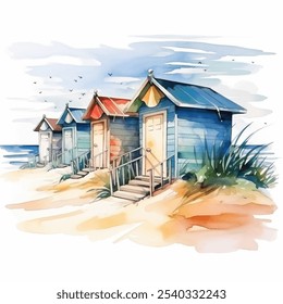 Pintura aquarela de fileira de cabanas de praia coloridas ao longo de um projeto de vetor de costa arenosa. Paleta lúdica brilhante e detalhes encantadores, lazer à beira-mar e relaxamento. Sereno e idílico à beira-mar