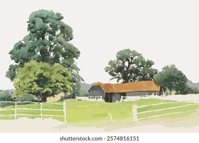 Watercolor painting of a rural landscape with trees, a barn, and a fence. The barn and trees create a serene rural scene. Peaceful rural landscape art. Vintage illustration isolated on white, vector.