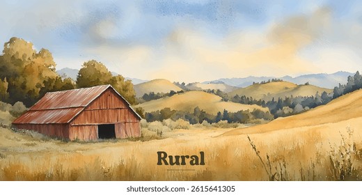 watercolor painting of a rustic barn nestled in a golden rural landscape.