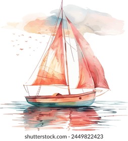 A watercolor painting of a sailboat on the ocean with red sails, Vector, featuring intricate details of the mast and triangular sails, showcasing the beauty of marine art