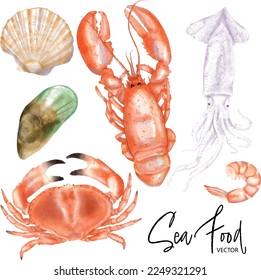 Watercolor painting seafood vector  set