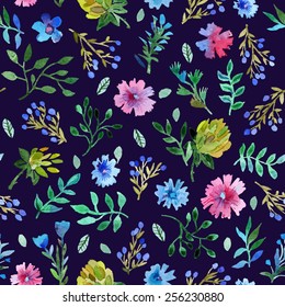 Watercolor painting. Watercolor seamless pattern with Beautiful flowers and leaves. lower pattern on black background.