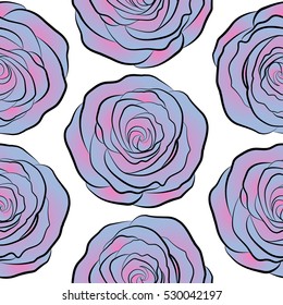 Watercolor painting seamless pattern. Seamless floral pattern in blue and pink colors. Motley roses on a white background with a band of flowers.
