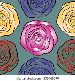 Watercolor painting seamless pattern. Seamless floral pattern in yellow, pink and blue colors. Motley roses with a band of flowers.