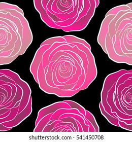 Watercolor painting seamless pattern. Seamless floral pattern in purple, magenta and pink colors. Motley roses on a black background with a band of flowers.