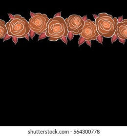 Watercolor painting seamless pattern. Horizontal seamless floral pattern in orange and pink colors. Motley roses with a band of flowers with copy space (place for your text).
