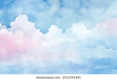 Watercolor painting of serene sky with fluffy white clouds. Gentle blue hues and soft pink undertones harmony of color vector background. Rolling waves dynamic and captivating element in composition. 