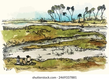 Watercolor painting of a serene wetland landscape with distant palm trees and people relaxing by the water. Artwork, fine art.