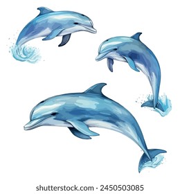 Acuarela de conjunto Delfín, aislado sobre un fondo blanco, Clipart de dibujo, Vector de delfín, Clipart de delfín, Dolphin painting