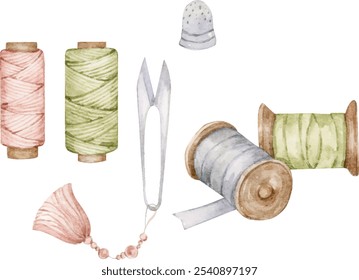 Watercolor painting of sewing thread, scissors, and top needle