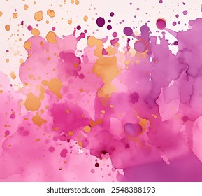 Watercolor painting with shades of pink and purple abd golden spots vector background, vibrancy and visual appeal. Beautiful blend of pink and gold purple hues on serene white background