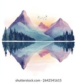 Uma pintura em aquarela mostra montanhas majestosas, árvores exuberantes e um lago sereno espelhando a paisagem acima. Pássaros voam no céu.