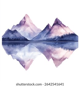 A watercolor painting showcases majestic mountains with a mirrored reflection in the tranquil water below, creating a symmetrical composition.