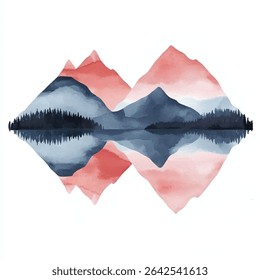 Uma pintura aquarela mostrando uma cordilheira, uma silhueta de floresta e um reflexo espelhado em um lago sereno.