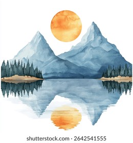 Uma pintura em aquarela exibindo uma paisagem serena com montanhas, um lago refletindo a cena, árvores e um sol vibrante.