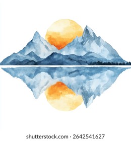 A watercolor painting shows mountains, a sun, and their reflection in the water below. The artwork uses blue and orange hues.