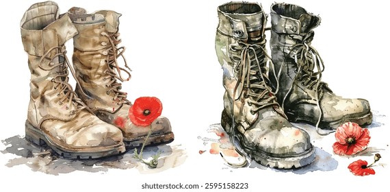 Watercolor painting of a single pair of military boots with a small poppy placed beside them, isolated on white
