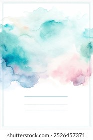 A watercolor painting of a sky with a blue and pink hue. The sky is filled with clouds and the colors are vibrant