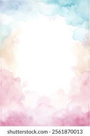 A watercolor painting of a sky with clouds and a frame. The frame is white and the sky is a mix of pink, blue, and yellow. The painting evokes a sense of calm and serenity, with the soft colors