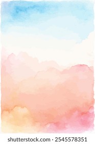 A watercolor painting of a sky with clouds and a pink and blue background. The sky is filled with clouds of different sizes and shapes, and the background is a mix of pink and blue