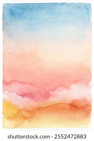 Uma aquarela pintando um céu com um gradiente rosa e azul. O céu está cheio de nuvens e o sol está se pondo. A pintura evoca uma sensação de calma e tranquilidade