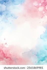 A watercolor painting of a sky with a pink and blue background. The sky is filled with white clouds and the colors are vibrant and bold. The painting evokes a sense of freedom and joy