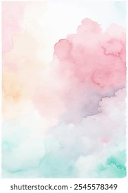 A watercolor painting of a sky with pink clouds. The sky is filled with a variety of colors, including blue, green, and yellow. The painting has a dreamy, ethereal quality