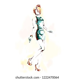 Watercolor painting with slender beutiful  girl in evening dress. Woman at full length. Freehand drawing. Fashion illustration