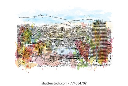 Watercolor painting with splash and sketch of aerial view of Barcelona, Spain in vector illustration.